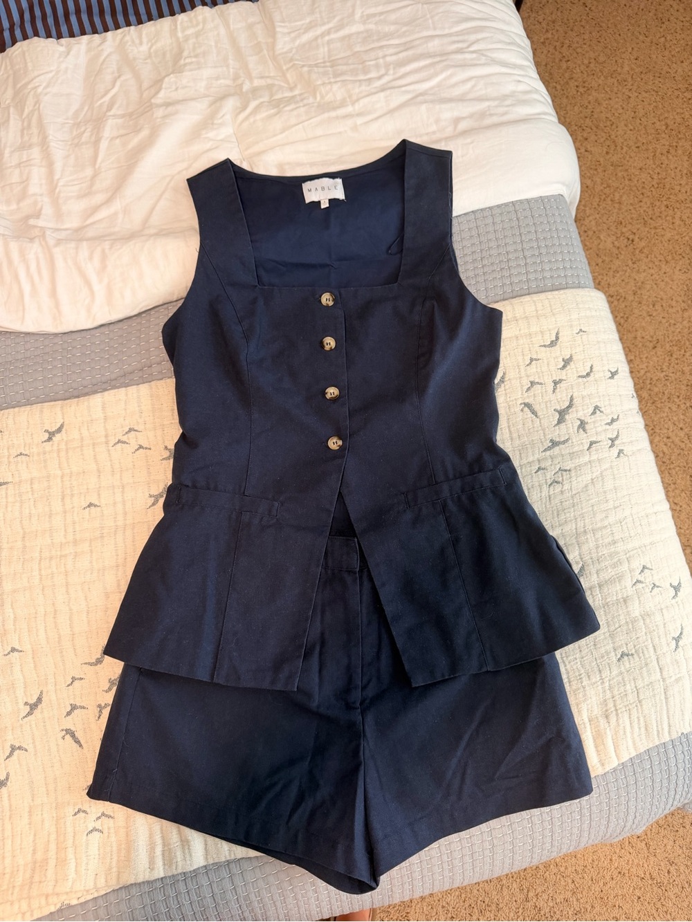 MARBLE Navy Sleeveless Peplum Button-Front Top & Shorts SET